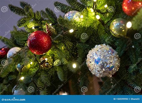 Decorated Christmas Tree Close Up Details Christmas Tree Lights And
