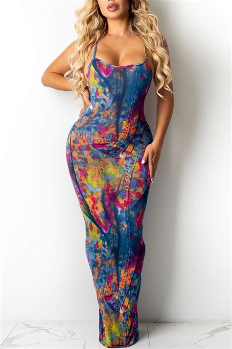 Wholesale Blue Sexy Print Patchwork Spaghetti Strap Sling Dress Dresses K26222 2 Online