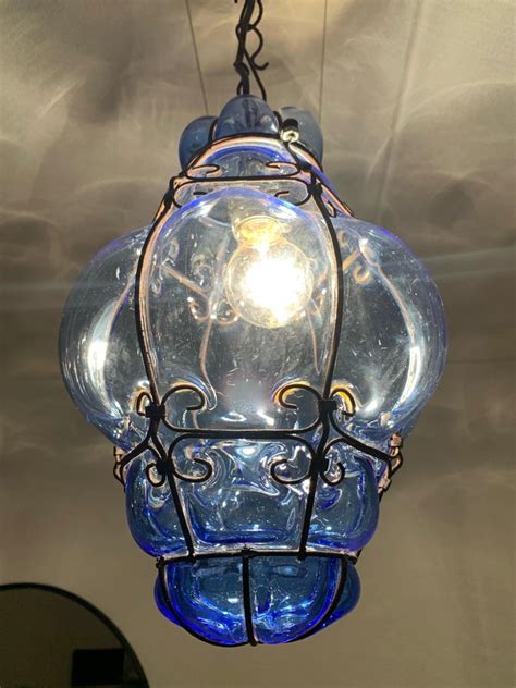 Small Venetian Murano Pendant Light With Mouth Blown Blue