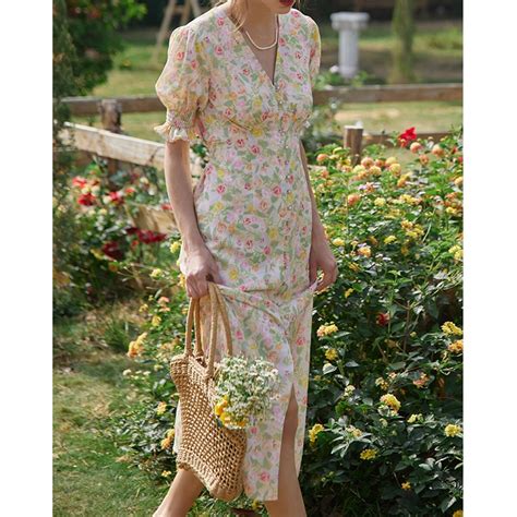 Jastie 2022 New Summer Women Dresses Floral Print V Neck Single Breasted Flare Sleeve Bow Midi