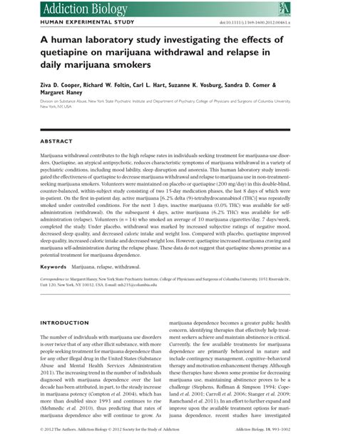 Check spelling or type a new query. (PDF) A human laboratory study investigating the effects of quetiapine on marijuana withdrawal ...
