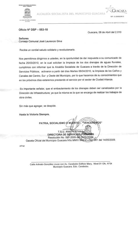 Carta para solicitar empleo frente a una oferta laboral. Comunidad José Laurencio Silva: OBRAS PÚBLICAS DE LA ALCALDÍA DE GUACARA RESPONDIÓ OFICIO ...
