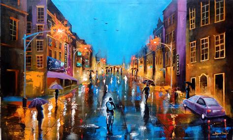This Painting Depicts The Wet Streets Submerged With Water Reflecting