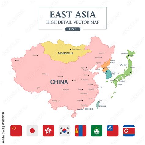 East Asia Map Full Color High Detail Separated All Countries Vector Illustration Stock Vector