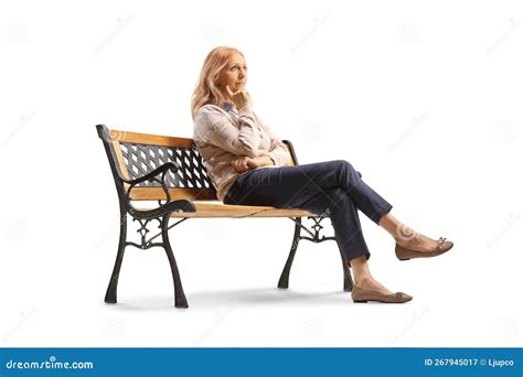 pensive mature woman sitting on a bench stock image image of adult single 267945017