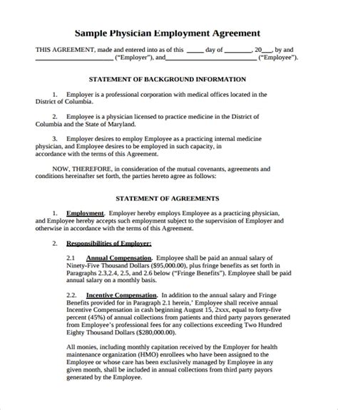 Free 7 Sample Physician Employment Agreement Templates In Pdf Ms Word