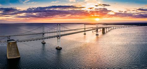 Aerial View Of Chesapeake Bay Bridge At Sunset Stock Photo Download