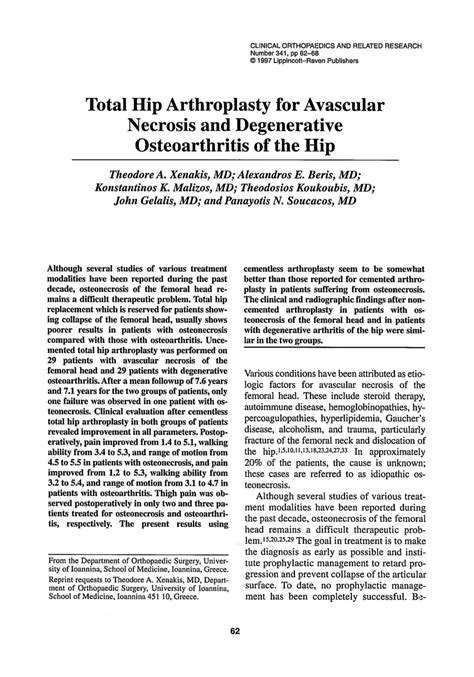 Pdf Total Hip Arthroplasty For Avascular Necrosis And Degenerative
