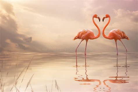 A Pair Of Pink Flamingos Making A Heart Shape In Reflection Pond Love
