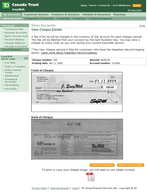Either make an electronic deposit or mail us a personal check. EasyWeb Tour - Personal Banking - View Cheque