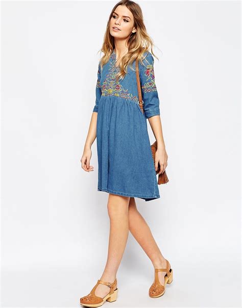 Image 4 Of Asos Denim Embroidered Smock Dress In Mid Wash Blue Latest