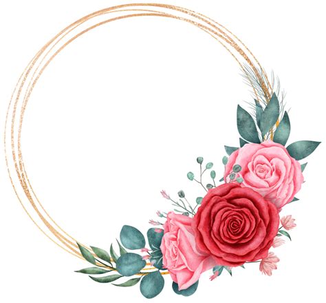 rosenblumenstrauß mit goldglitzerkreisrahmen aquarell für valentinstag png PNG
