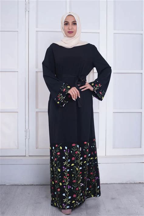 fashion women muslim abaya dress o neck long sleeve elegant saudi arabia embroidery flower long