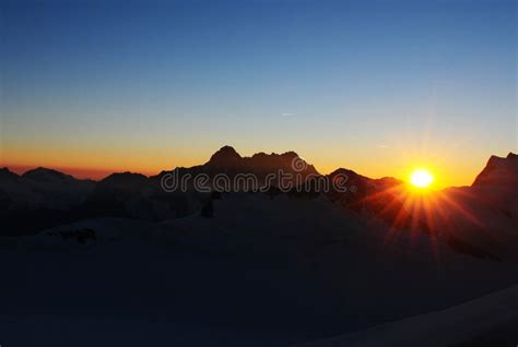 Switzerland Sunset Mountain View From Europes Highest Alpin Hut Stock