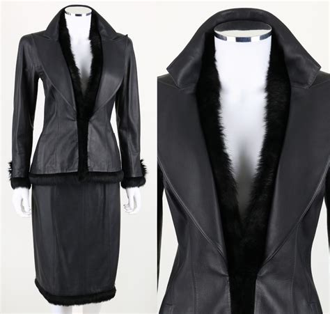 Chanel 2 Pc Black Lambskin Leather Fur Trim Blazer Skirt Suit Set Sz 38