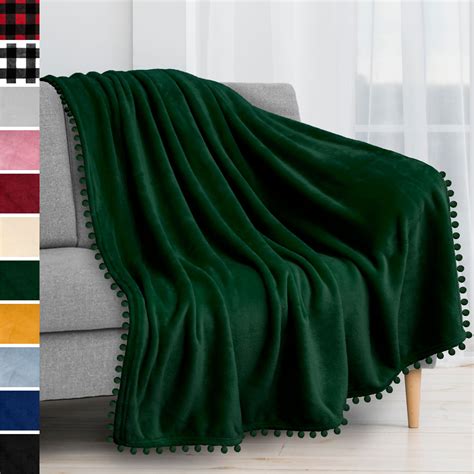 Pavilia Fleece Throw Blanket With Pom Pom Fringe Emerald Green