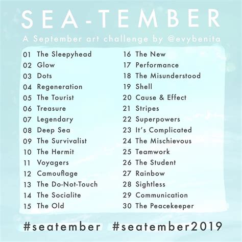 The Sea Tember Poster Is Shown In Blue And White With Words On It