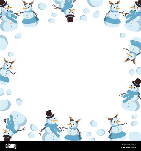 Winter Frame With Smiling Snowmen And Snowballs Merry Festive Border