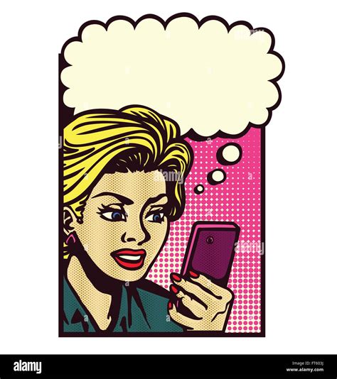 Retro Comic Book Style Woman Looking At Smartphone Texting Messaging