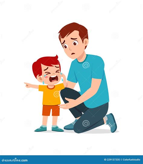 Young Father Hug Crying Little Boy And Try To Comfort Stock Vector