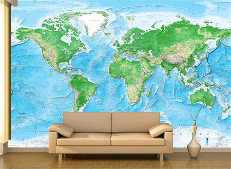 Physical World Map Wallpaper Mural Muralswallpaper Carte Du Monde