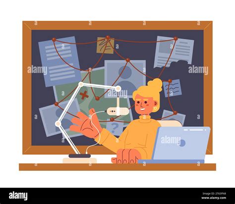 Caucasian female true crime enthusiast 2D cartoon character Stock