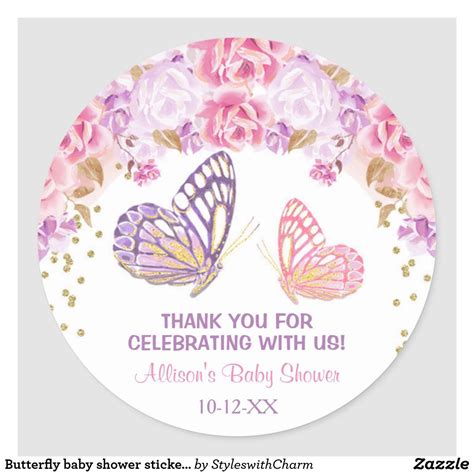 Butterfly Baby Shower Stickers Pink Purple Gold Classic Round Sticker