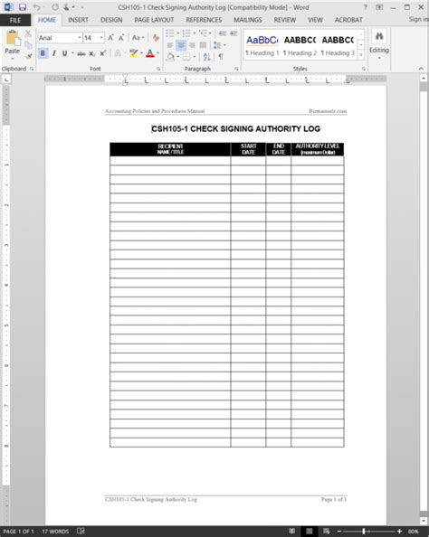 Check Signing Authority Log Template Word