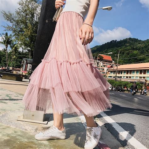 Elegant Women Ruffle Gauze Stitching Long Skirt 2018 Summer Sweet Large Hem Pleated Tulle Skirt