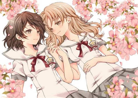 2girls Blonde Hair Brown Eyes Brown Hair Flowers Long Hair Original