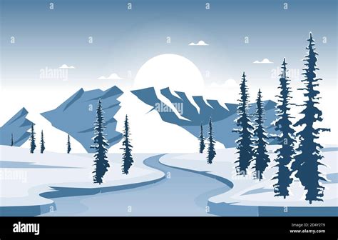 Winter Snow Pine Mountain Frozen River Nature Landscape Illustration