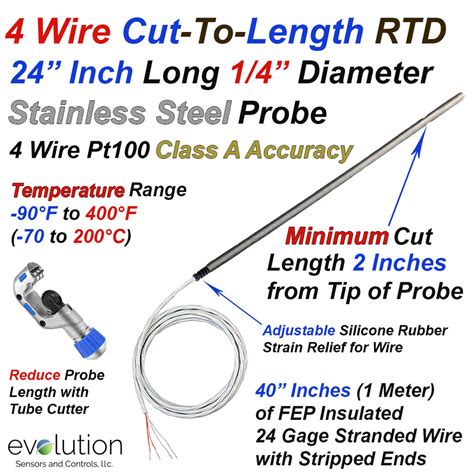 Cut To Length Rtd Probe 4 Wire Pt100 With 24 Inches Long 14 Diameter