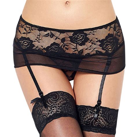 Black Crotchless Lace Thong With Removable Suspender Straps Plus Size Sexy Lingerie Sheer Women