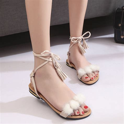 Women Shoes Cute Fur Ball Gladiator Sandals Summer Flat Heel Sandalias