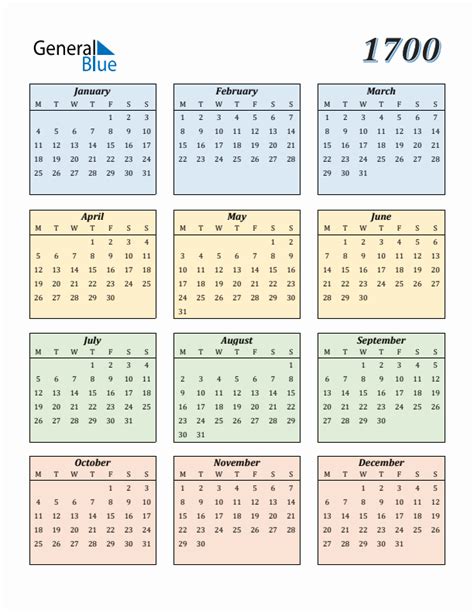 1700 Yearly Calendar Templates With Monday Start