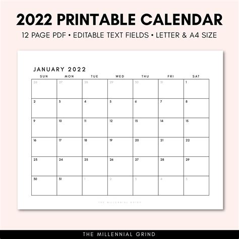 2022 Calendar Printable 2022 Calendar Template 2022 Etsy India