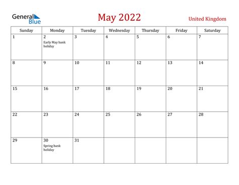 2022 United Kingdom Calendar With Holidays 2022 Uk Calendar Templates