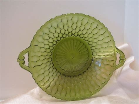 Green Glass Bowl Vintage Glass Serving Bowl Round Etsy Green Glass