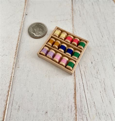 Miniature Thread Box 15 Mini Wood Thread Spools Dollhouse Miniature