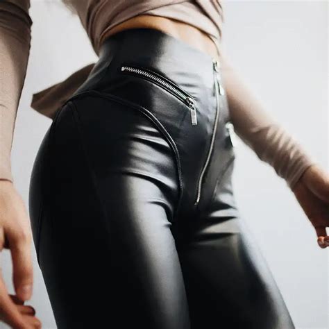 women sexy leather leggings with front zipper high waist push up slim black legging pu latex