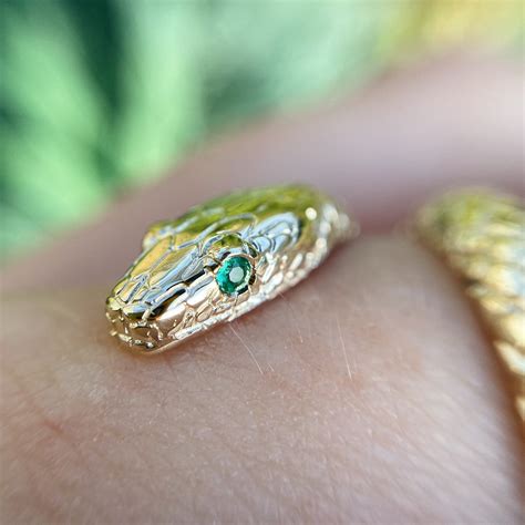 9ct Yellow Gold Snake Ring With Emerald Set Eyes Baroque Bespoke