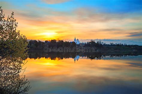 Spring Landscape With Sunrise Over Water Stock Photography