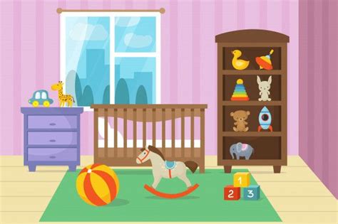 Cartoon Childrens Room Interior With Kid Toys Vector Illustration In