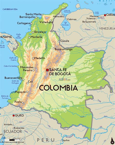 Detailed Physical Map Of Colombia With Major Cities Colombia South