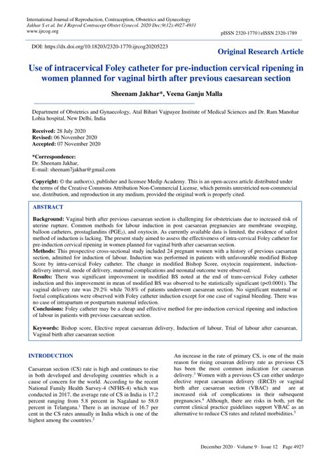 Pdf Use Of Intracervical Foley Catheter For Pre Induction Cervical Ripening In Women Planned