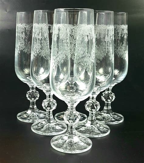 Vintage Bohemia Etched Crystal Champagne Glasses Set Of 6 Etsy
