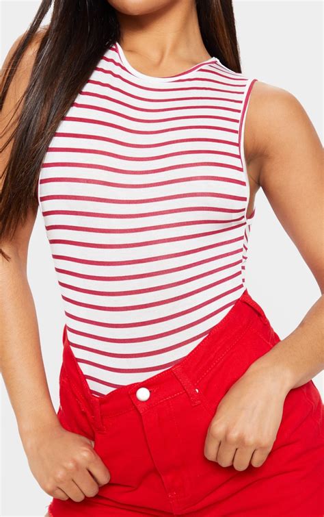 Red Stripe Printed Jersey Sleeveless Bodysuit Prettylittlething Usa