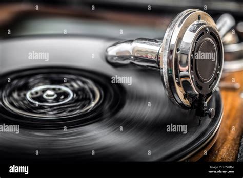 Gramophone Playing Old Disk Old Days Music Close Up Shot Stock Photo