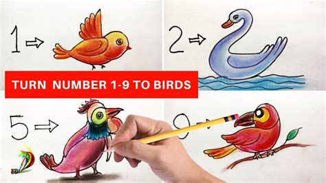 Very Easy How To Turn Numbers 1 9 To Cartoon Birds Step By Step