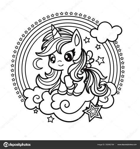 Cute Little Unicorn Black And White Illustration For Coloring Vector